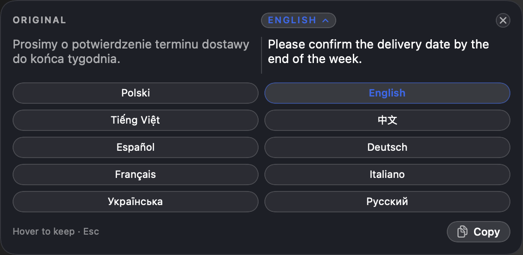 The same note with its language menu unfolded, offering other target languages.