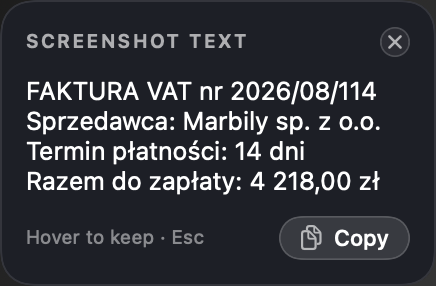 The screenshot-text overlay: the words read off a Polish VAT invoice, with a Copy button.