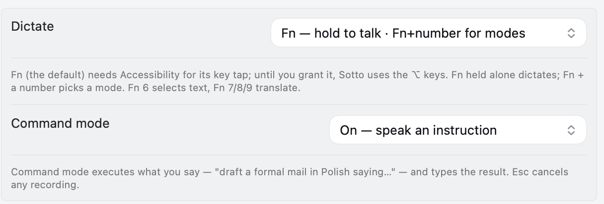 Sotto's Hotkeys settings: Dictate set to 'Fn — hold to talk · Fn+number for modes', with the note that Fn needs Accessibility and until it is granted Sotto uses the ⌥ keys; and Command mode set to 'On — speak an instruction'.