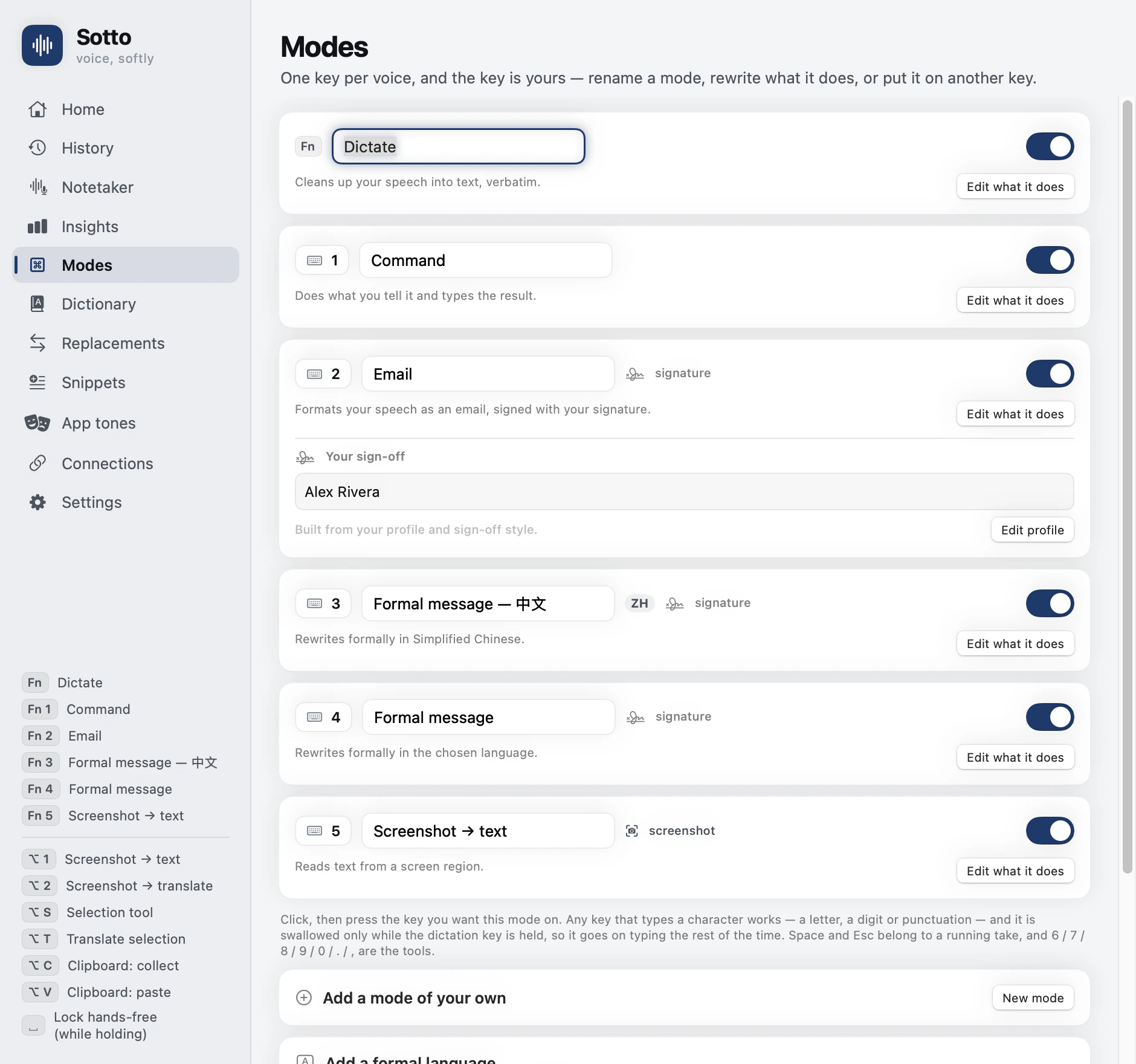 The same window with Modes selected: Dictate on Fn, then Command, Email, Formal message in Chinese, Formal message and Screenshot to text on 1 to 5, each renameable, each with Edit what it does.
