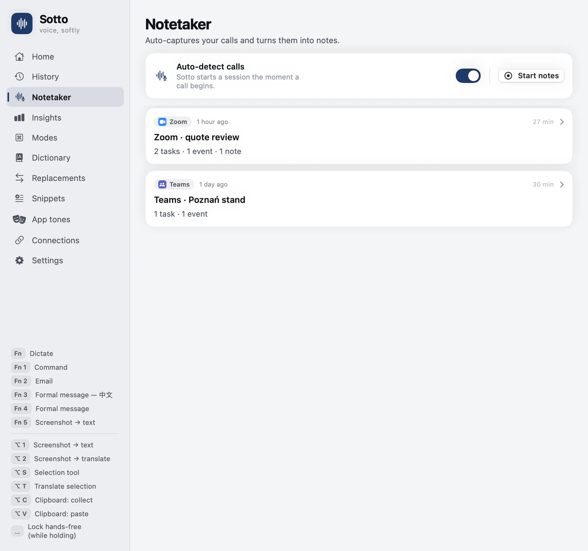 The same window with Notetaker selected: auto-detect calls at the top, and one line per recorded call — a Zoom quote review with two tasks, one event and one note, and a Teams call with one task and one event.