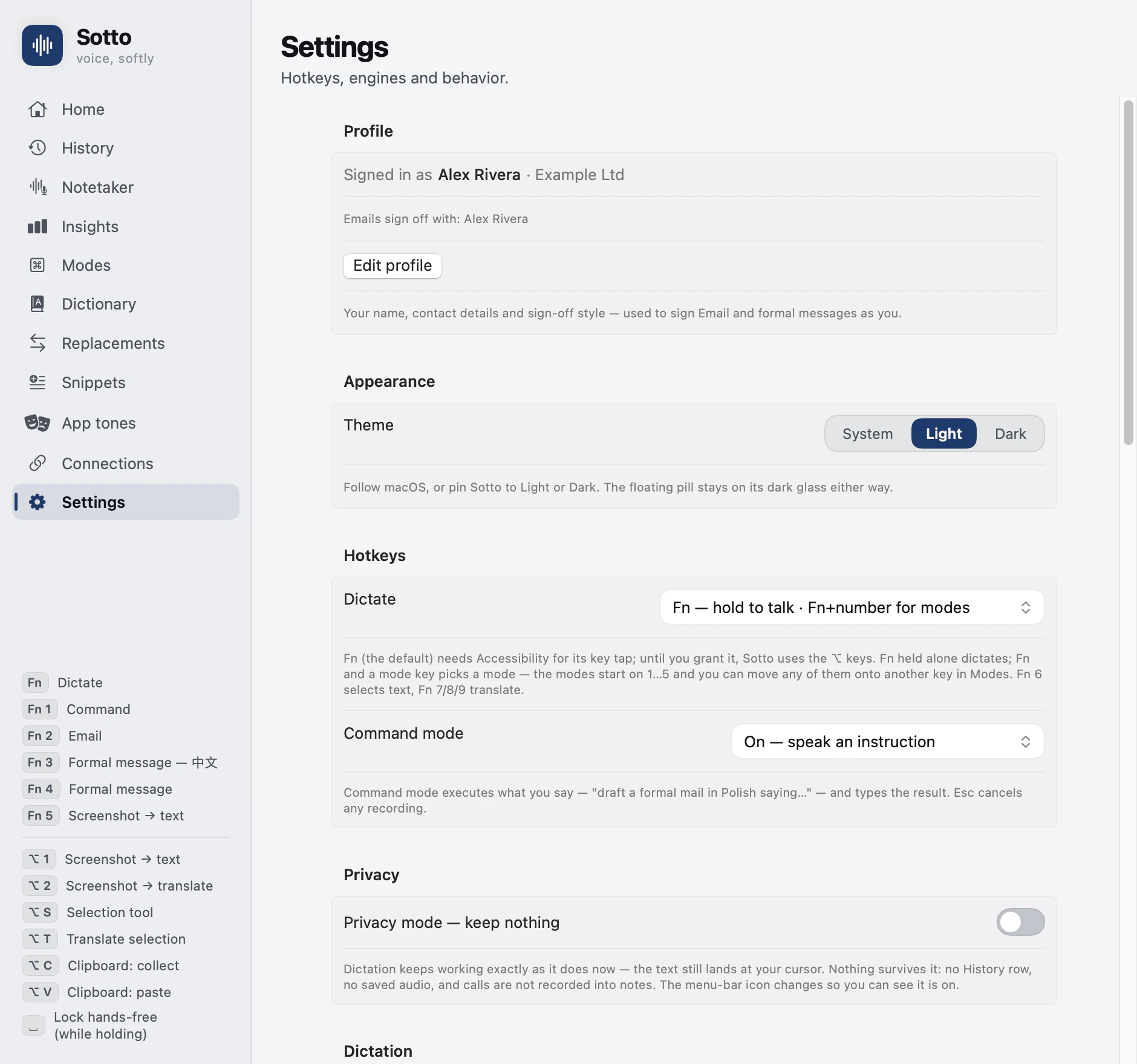 The same window with Settings selected: Profile, Appearance, then the Hotkeys section — the dictation key, and Command mode — followed by Privacy.